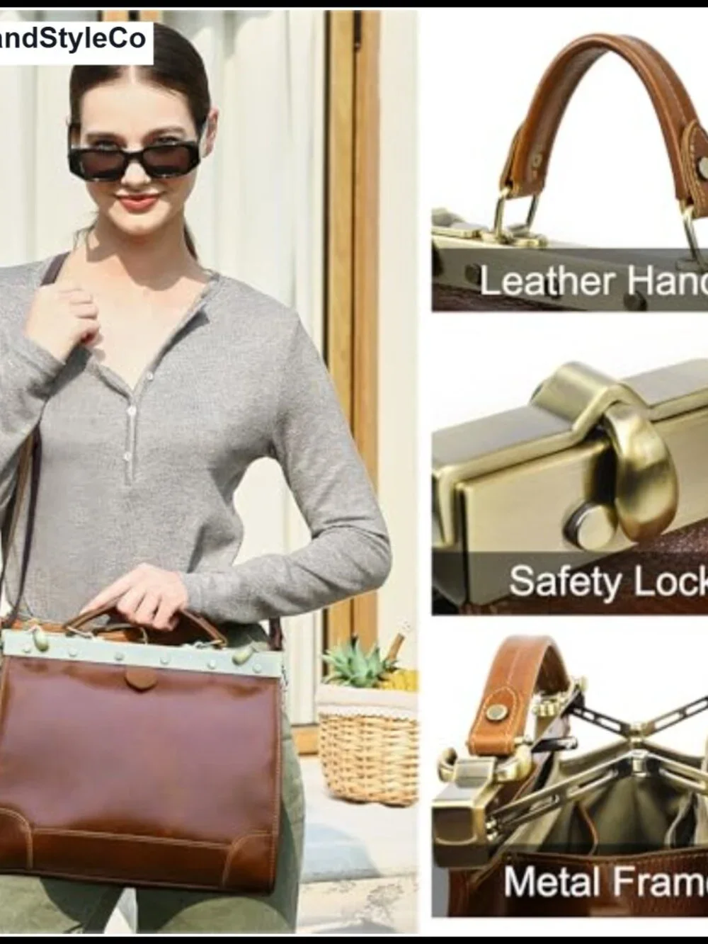 Full Grain Leather Doctor Bag Top Handle Handbag Vintage Satchel
